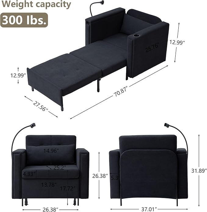 LEVNARY 3-in-1 Convertible Sleeper Chair Pull Out Bed, Single Sofa Chair Sleeper - Image 2