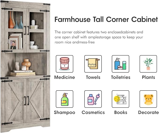 GarveeHome Tall Corner Cabinet, Farmhouse Corner Storage Cabinet - Image 4