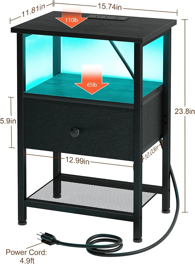 LOAKEKEL LED Night Stand with Charging Station, Small Bedside Table with USB - Image 7