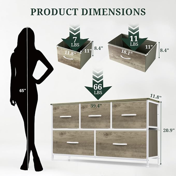 5-Drawer Dresser for Bedroom, Anti-Tip Wide Storage Organizer Fabric Chest of - Image 3