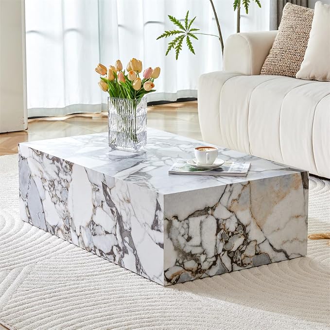 Faux Marble White Coffee Table, Rectangle MDF Living Room Table, Center Table - Image 8