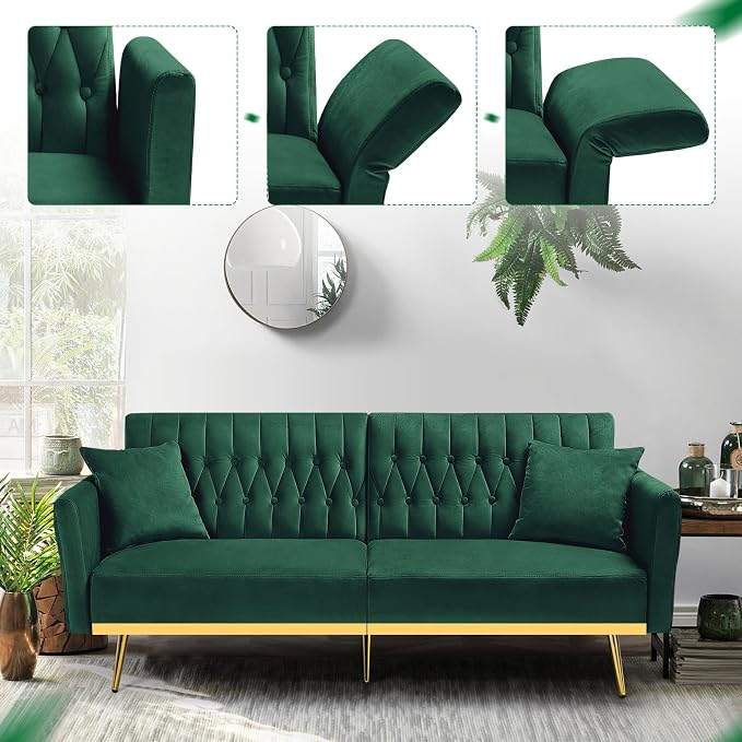 70” Velvet Futon Sofa Bed w/Adjustable Backrests and Armrests, Convertible - Image 6
