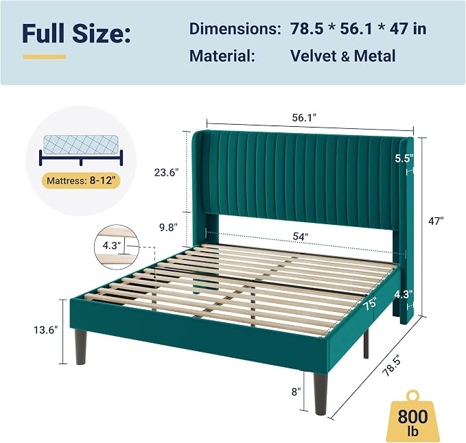 Allewie Full Size Bed Frame/Velvet Upholstered Platform Bed/Vertical Channel - Image 2