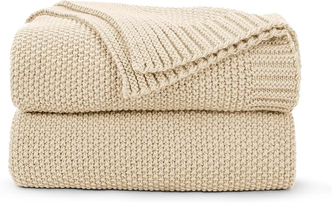 CozeCube Light Beige Seed Stitch Throw Blanket 60"x80", Farmhouse Decor | by CozeCube