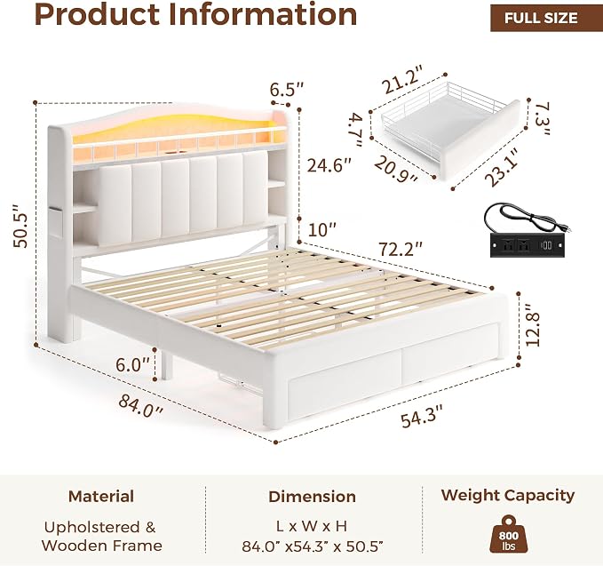 Full Size Bed Frame with LED Storage Headboard & 2 Storage Drawers, Velvet - Image 2