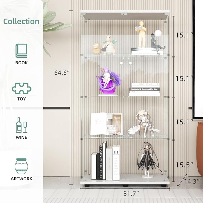 Display Cabinet with Glass Door and Lock, 4-Shelf Curio Cabinets with 5mm - Image 2