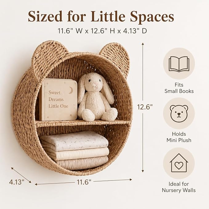 Woven Wall Basket Shelf Bear Nursery Decor — Boho Handwoven Hanging Wall Decor - Image 2