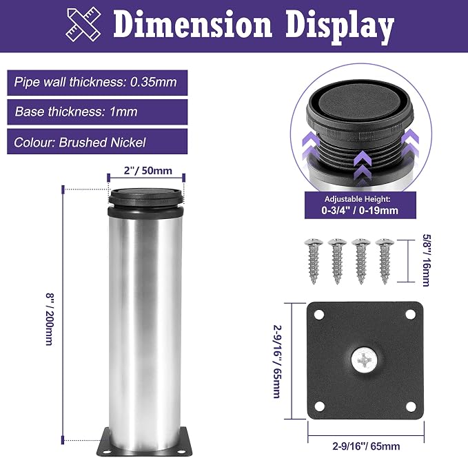 8 Inch Metal Furniture Legs Stainless Steel Adjustable Legs Silver Metal Legs - Image 5