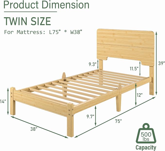 BOSRII 12in High Solid Bamboo Wood Platform Twin Size Bed Frame - Image 2