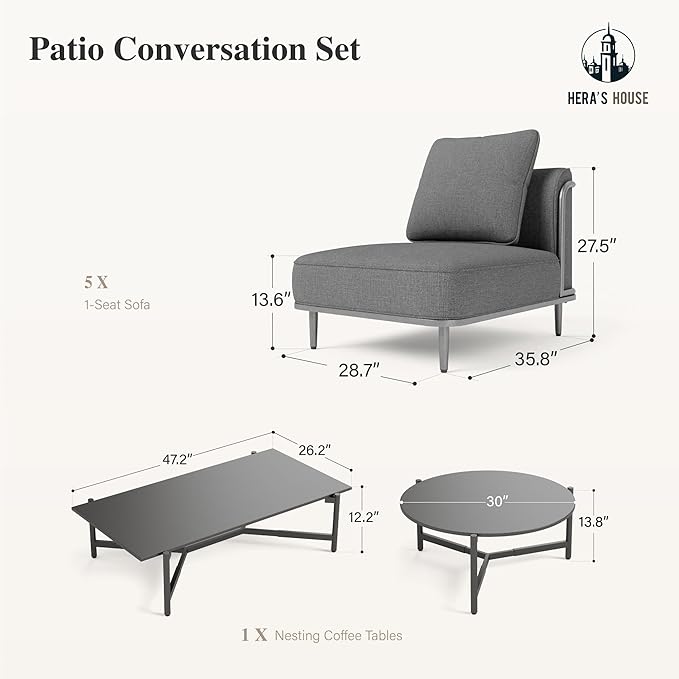 HERA'S HOUSE Metal Patio Furniture Set, Modular 5 Seats and 1 Nesting Coffee - Image 9