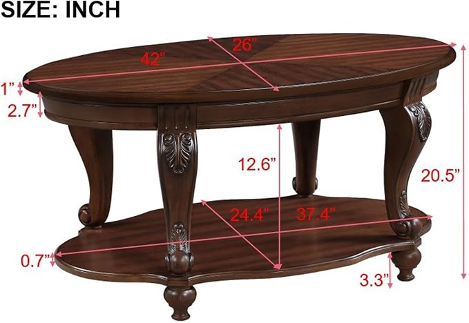 Oval Wood Coffee Table for Living Room, 2-Tier Solid Wood Coffee Table - Image 3