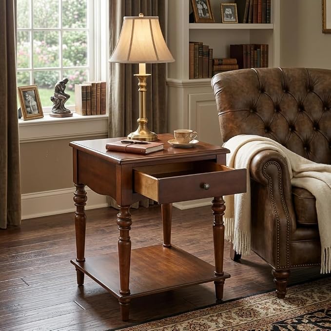 End Table with Drawer and Storage Shelf, Solid Wood Sofa Side Table, Square - Image 4