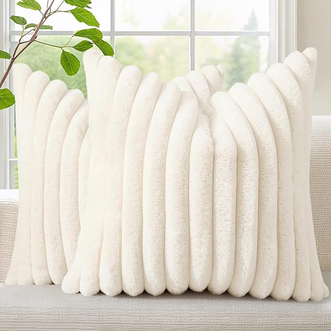 decorUhome Fall Faux Fur Throw Pillow Covers 22x22 Set of 2 Cream White | by decorUhome