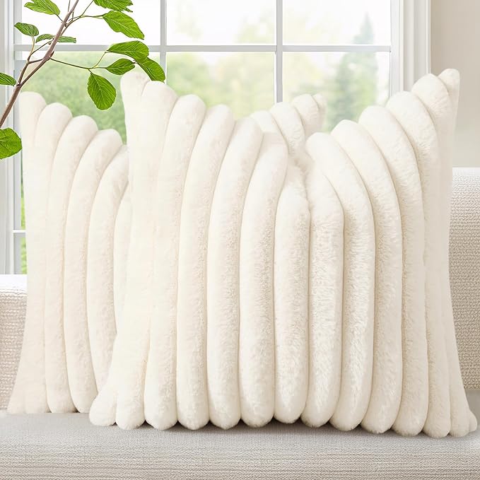 decorUhome Fall Faux Fur Throw Pillow Covers 26x26 Set of 2 Cream White | by decorUhome