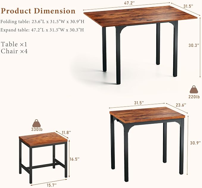 HUAHUU Dining Table Set for 4, Extendable Kitchen Table Chairs Set of 4 - Image 2