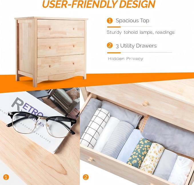 VINGLI Unfinished Solid Wood Dresser Color DIY, 3 Drawer Dresser, Natural - Image 6