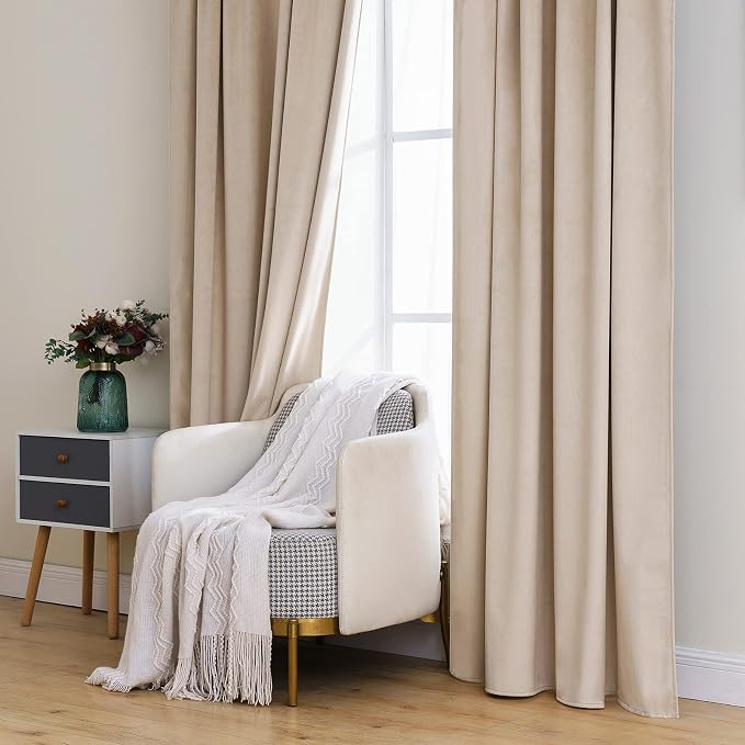 MIULEE Velvet Curtains 52x63 inches 2 Panels Camel Beige Blackout Curtains | - Image 7