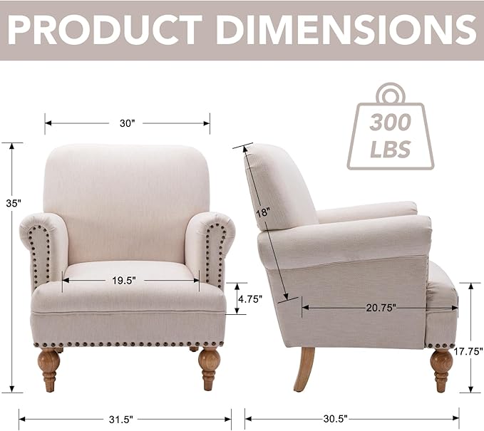 Beige Linen Fabric Accent Chairs Set of 2, Modern Farmhouse Upholstered - Image 3