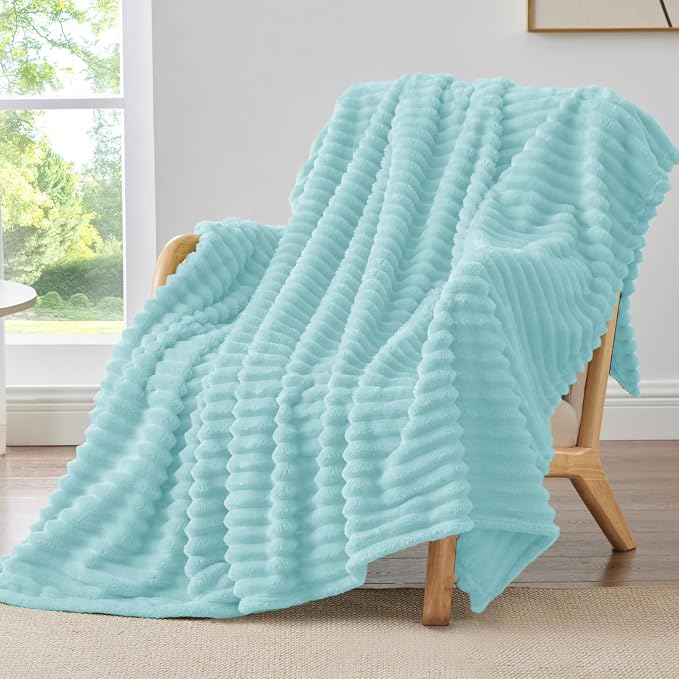BEDELITE Striped Fleece Throw Blanket, Cloud Blue, Soft Cozy, Lightweight Warm by BEDELITE