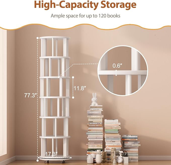 Muwuele Solid Wood Rotating Bookshelf on Wheels, 6 Tier, Round Revolving - Image 2