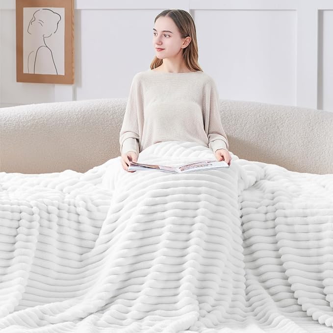 BEDELITE Ribbed Twin Blanket for Couch & Bed, Bright White, Warm Yet Lightweight - Image 3