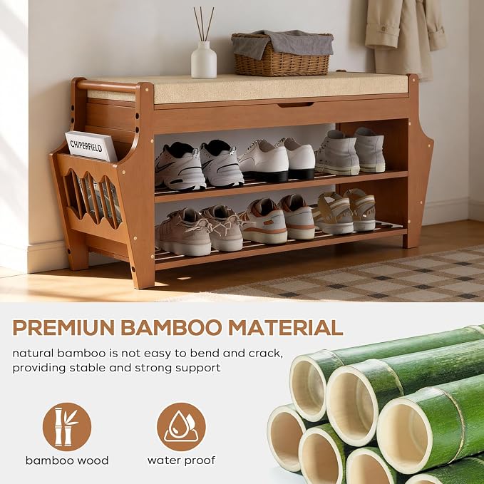 oakvivo 34.3in Shoe Bench, Bamboo 3-Tier Entryway Bench - Image 3