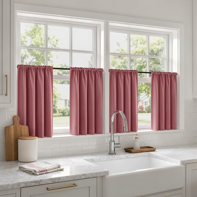 MIULEE 4-Panel 36 Inch Blackout Kitchen Tier Curtains Over Sink Dusty Rose | by MIULEE