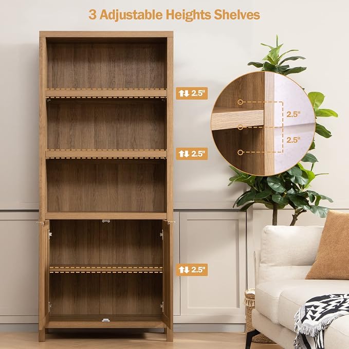 SICOTAS Bookcase 71" Tall Bookshelf 5 Tier Rattan Boho Bookcase - Image 2