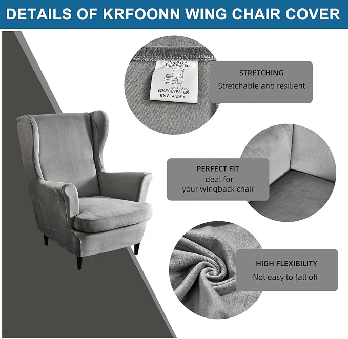 KRFOONN Wingback Chair Cover Slipcovers 2 Piece Stretch Velvet Plush Wing Chair - Image 2