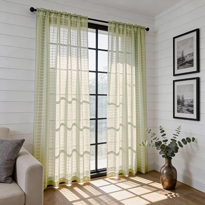 SpaceDresser Check Sheer Curtains 45 Inches 2 Panels Set, Rod Pocket Plaid - Image 4