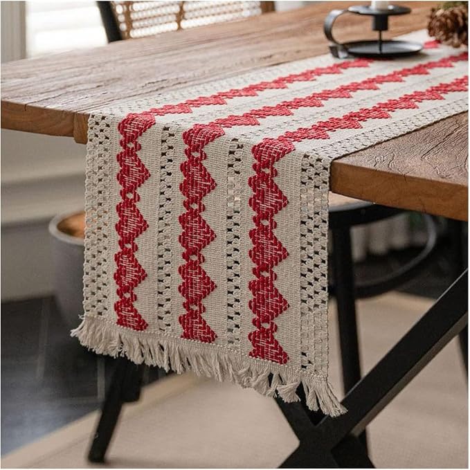 Macrame Table Runner Beige and Red Heart Table Runners - Image 2