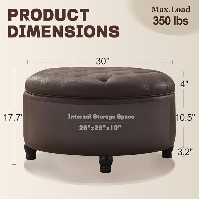 30-Inch Round Storage Ottoman, Button Tufted Ottoman Coffee Table - Image 2