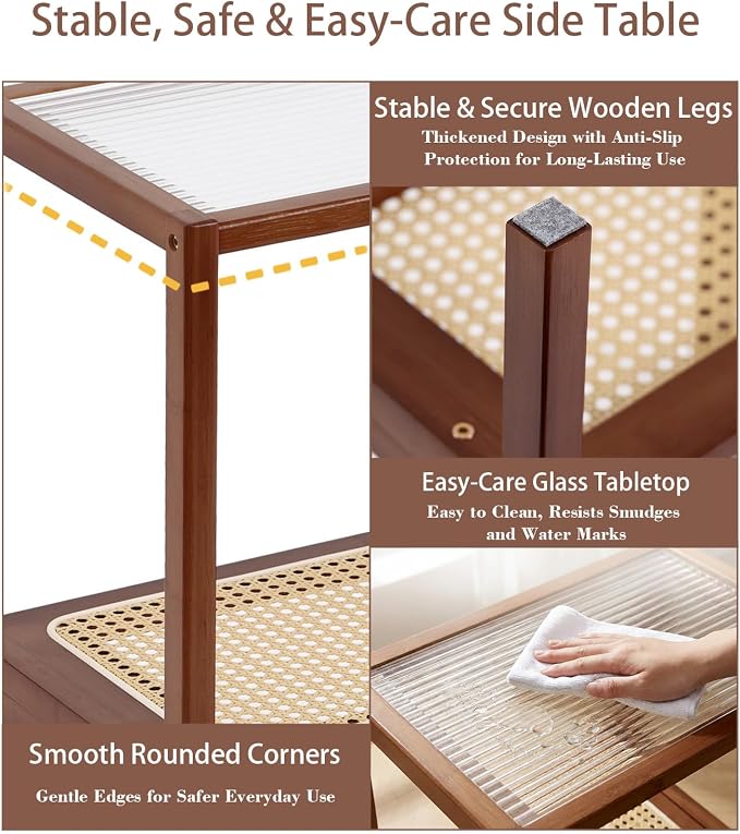 Tiita Rattan Side Table, Mid Century Nightstand, 2-Tier Bamboo Accent Bedside - Image 5