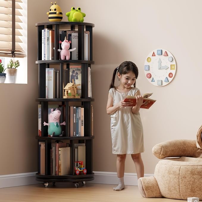 Muwuele Solid Wood Rotating Bookshelf on Wheels, 4 Tier, Round Revolving - Image 3