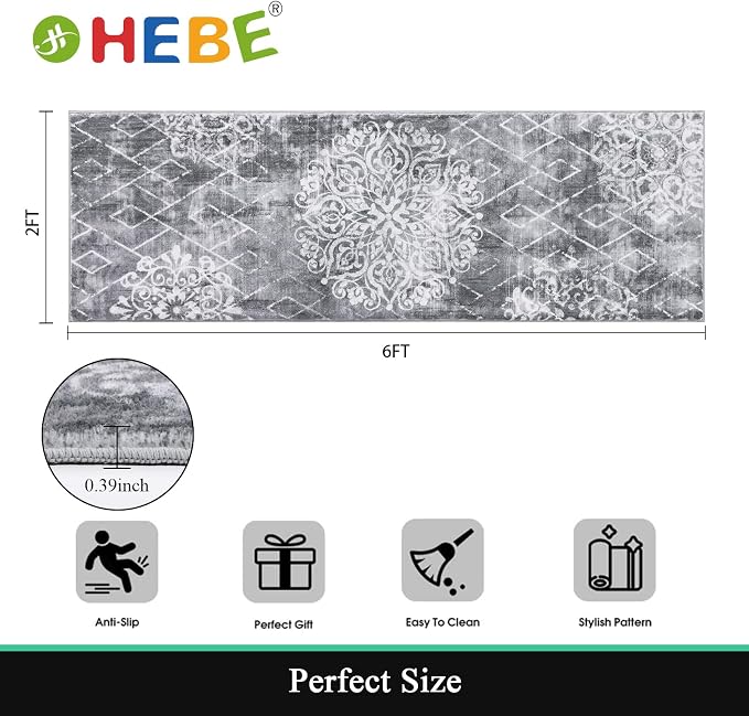 HEBE Hallway Runner Rug 2'x6', Washable Non Slip Kitchen Rug Runner | Soft Boho - Image 2