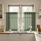 Olive Green Linen Curtains 30 Inch Length Short Kitchen, Semi Sheer Boho Cafe - Image 7