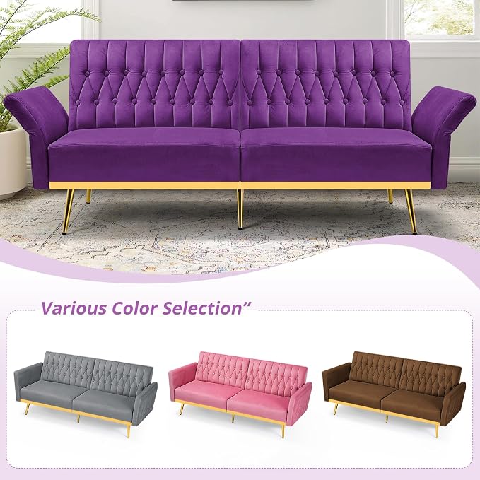 70” Velvet Futon Sofa Bed with 2 Pillows and Adjustable Armrests, Convertible - Image 7