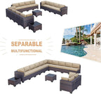 Kullavik 14 Pieces Outdoor Patio Furniture Set, Sectional Rattan Sofa Set Brown - Image 5