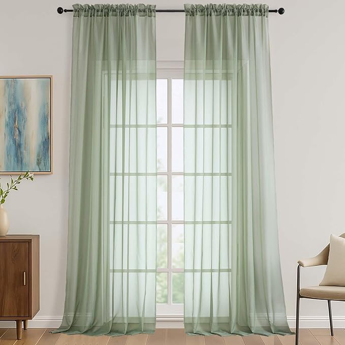 Sage Green Sheer Curtains 120 Inches Long 2 Panels Set, 59 Inch Extra Wide Soft by OVZME