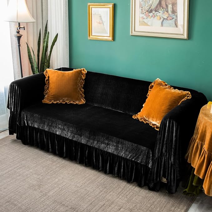 GLORY SEASON Velvet Sofa Cover Soft Decorative Luxurious Solid Exquisite Ruffle - Image 7