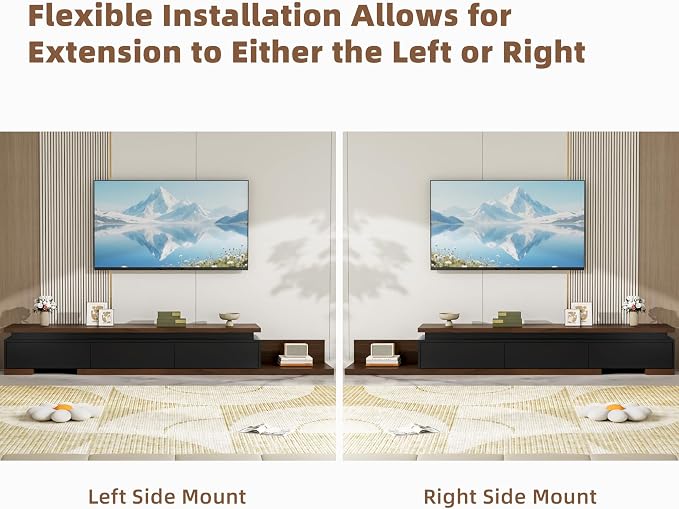 Extendable TV Stand with LED Lights, Modern TV Console with 3 Drawers, Wooden - Image 4