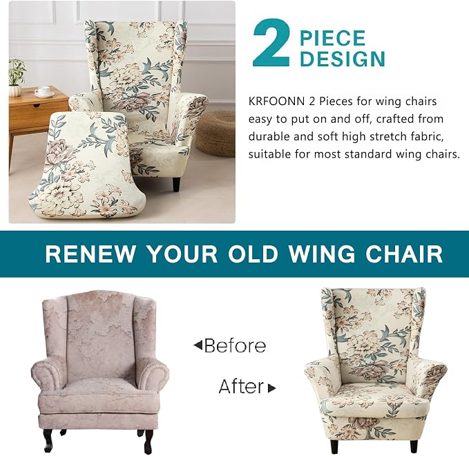 KRFOONN Velvet Wing Chair Slipcovers 2 Piece Stretch Printed Wingback Chair - Image 4