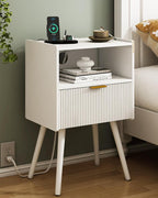 JOONEE White Nightstand with Outlet, Modern Bedside Table with Storage Drawer by JOONEE
