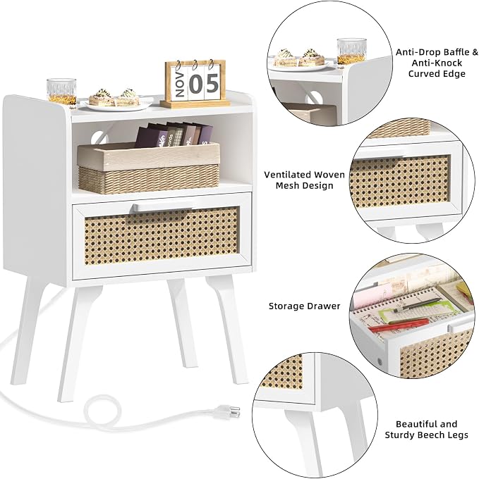 Lerliuo Rattan Nightstand with Charging Station, Cane Accent Side End Table - Image 8
