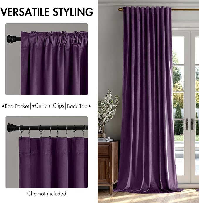 MIULEE Purple Velvet Curtains 52x84 inches Luxury Blackout Curtains | Thermal - Image 2