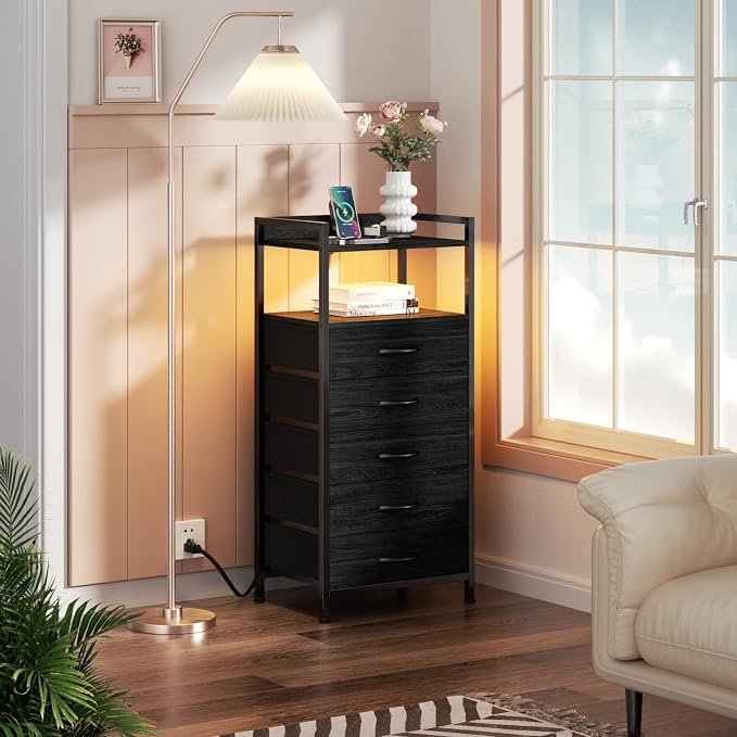 Furnulem Night Stand with Charging Station, Tall Black Dresser - Image 6