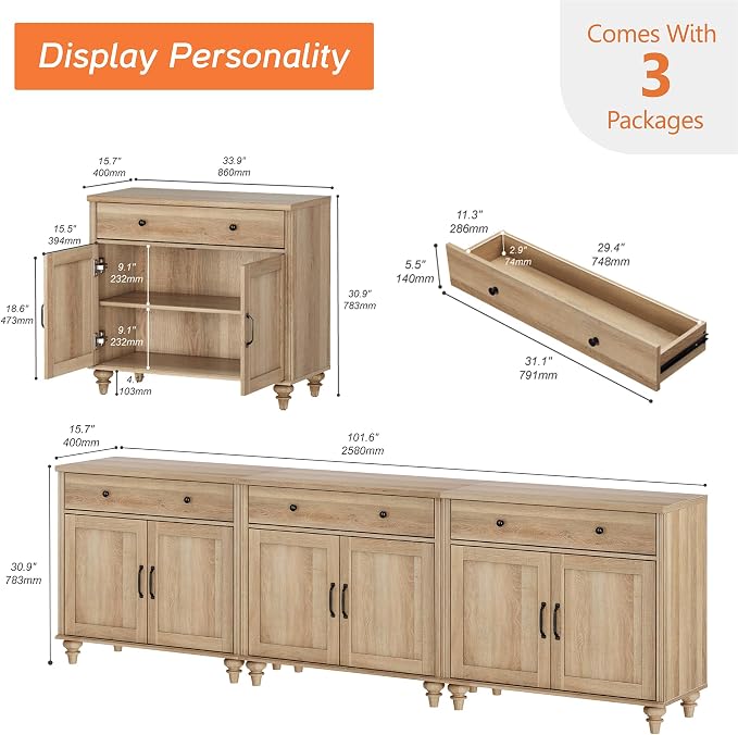 WAMAPT Oak Buffet Cabinet with 6 Doors and 3 Drawers, Large Coffee Bar Table - Image 2