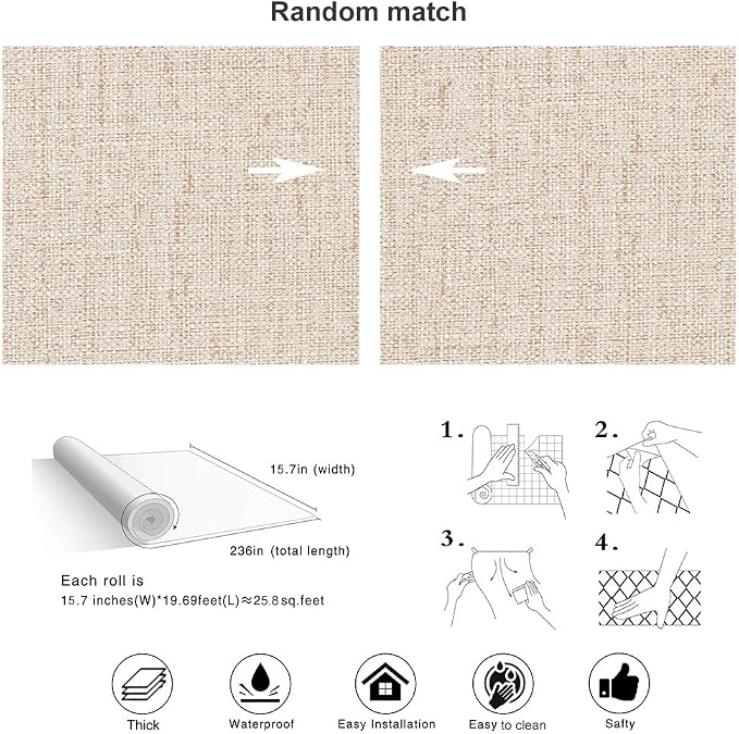 Beige Textured Contact Paper Grasscloth Wallpaper Peel and Stick Linen Self - Image 4