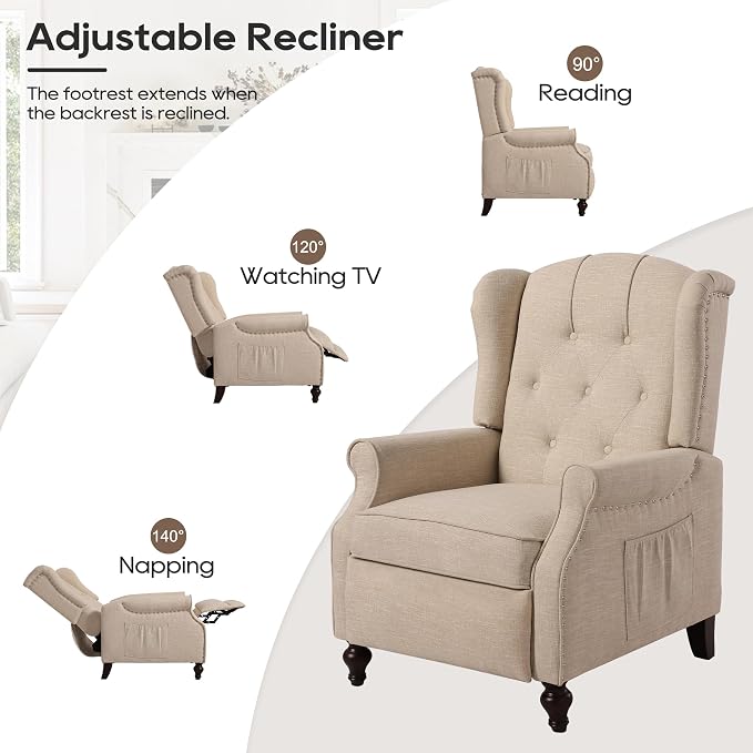 Wingback Chair with Massage and Heat, Tufted Fabric Pushback Recliner Chair - Image 4