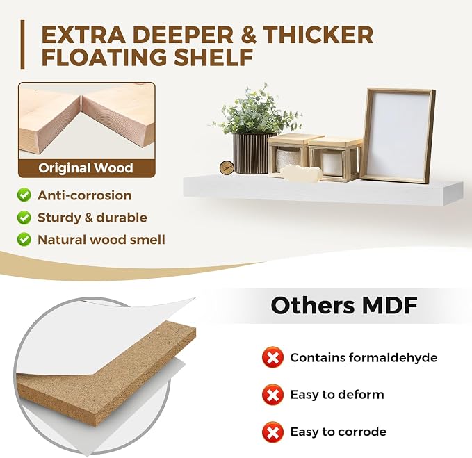 36x8x1.6 inch Floating Shelves Set of 2 – Solid Wood Rustic White Wall Mounted - Image 3